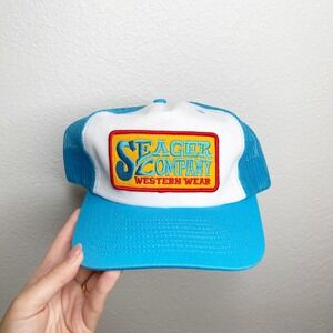 Seager Co Western Wear Trucker Hat Blue White Mesh Snapback Cap Patch High Crown